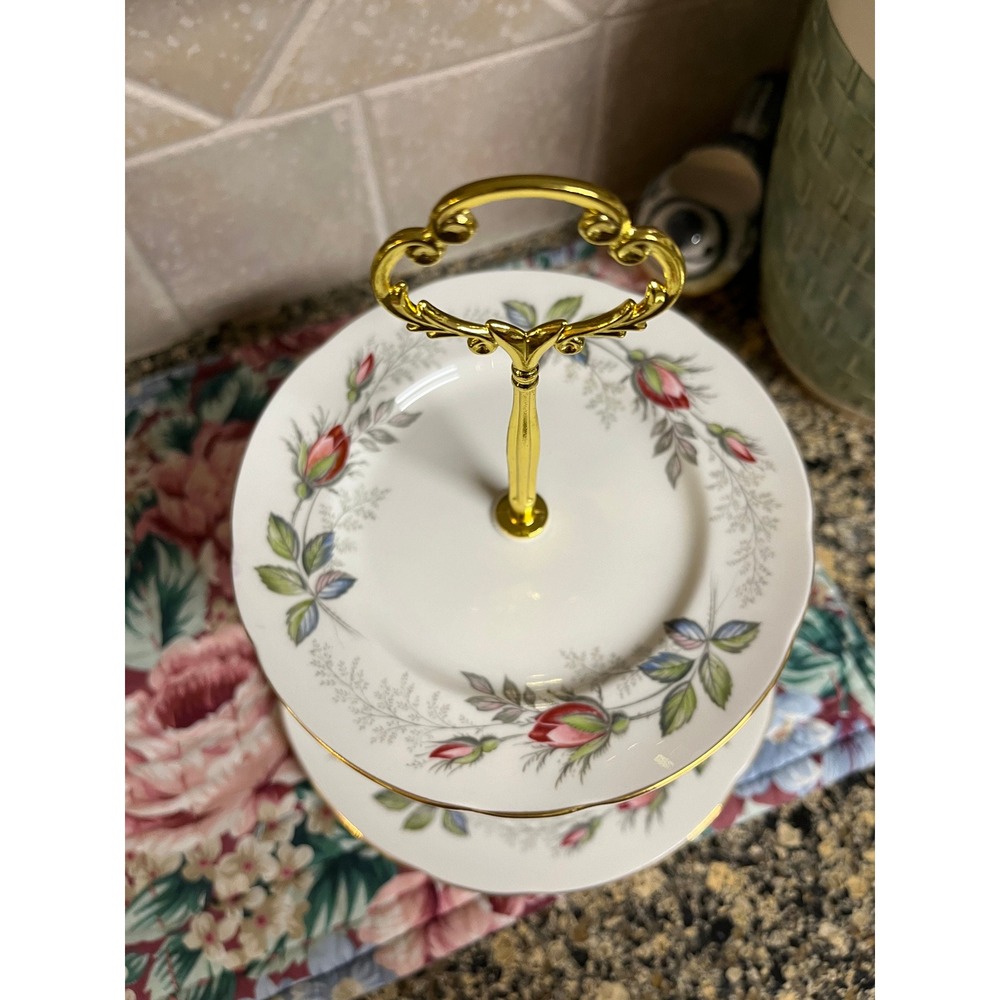 Vintage Paragon‎ Bridal Rose 2-Tier Tidbit Tray: Gold Trimmed Party Dish - Picture 5 of 10